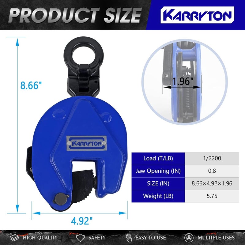 KARRYTON Vertical Plate Clamp, 1Ton/2200LB Working Load, Jaw Opening 0.8IN, Industrial Steel Plate Clamp for Lifting and Transporting - Image 3